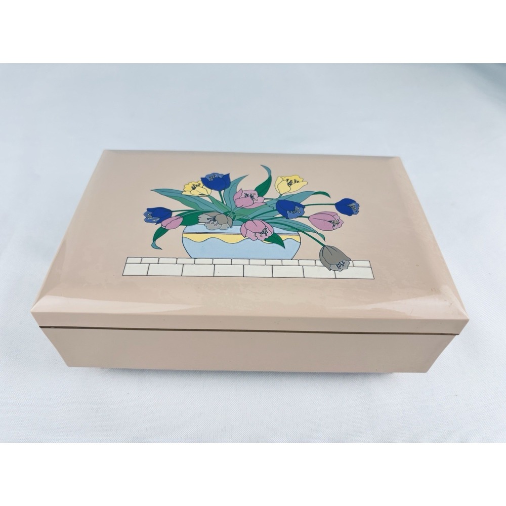 Vintage Otagiri Japan Tulip Pink Lacquerware Musical Jewlery Box Trinket MCM